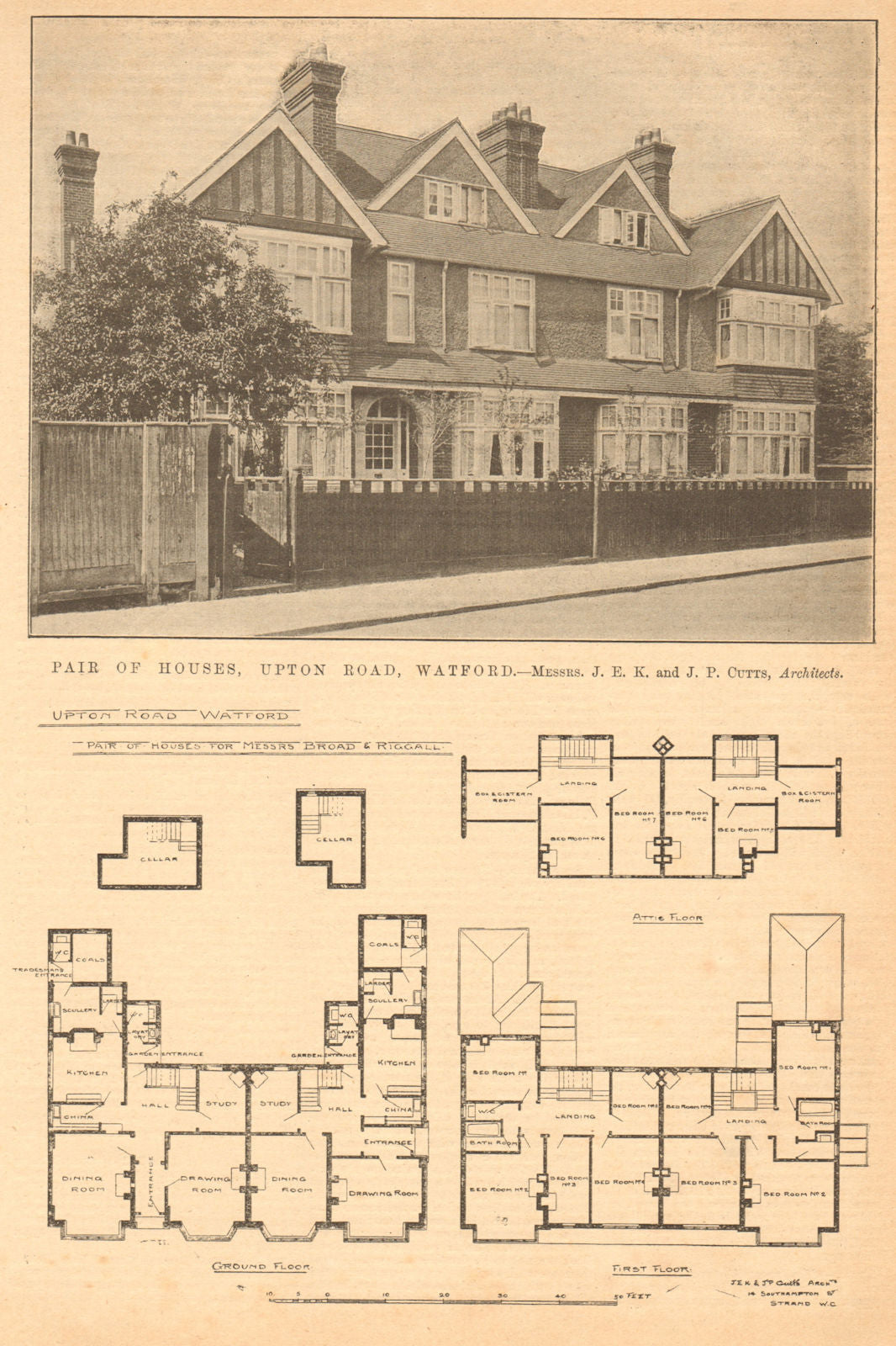 Pair of houses, Upton Road, Watford. JEK & JP Cutts, Architects. Herts 1904